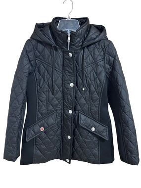 London Fog Black Diamond Quilted Hooded Water Resistant Jacket Women’s Sz S